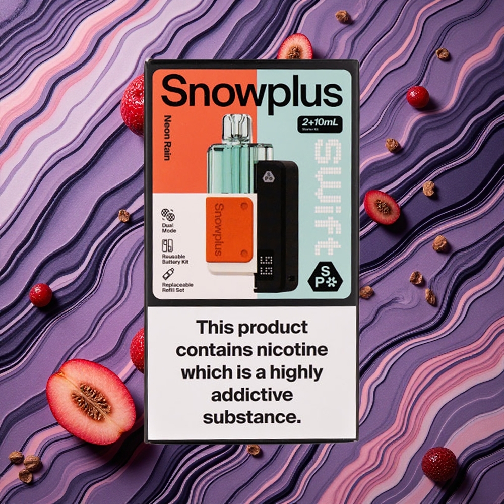 Neona lietus Snowplus Swift 5000 Puffs priekšēji uzpildāms pods 1000 mAh baterija un 2+10 ml e-šķidruma tilpums
