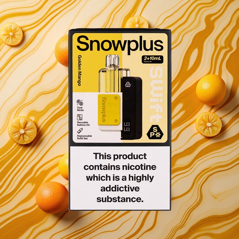 Zelta mango Snowplus Swift 5000 Puffs Prefilled Pod Kit ar 1000 mAh bateriju un 2+10 ml e-šķidruma tilpumu