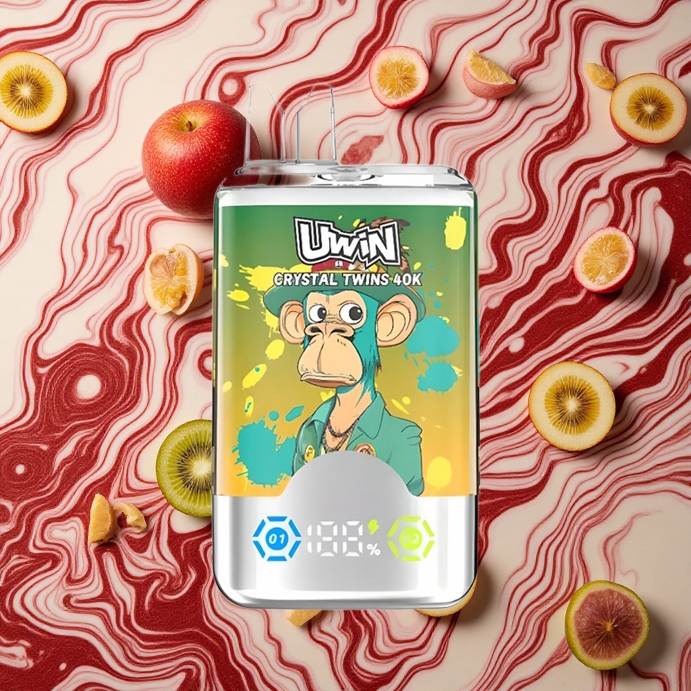 Ķīvi-Marakuļa-Guava-Divi Āboli UWIN Crystal Twins 40000 Iztvaikošanas Puffi 2 atšķirīgas garšas 1 ierīcē, 32ml e-šķidrums