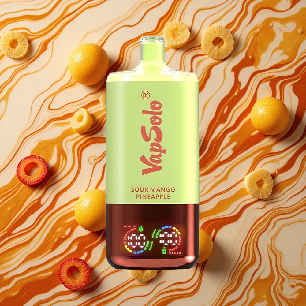 Skābā mango un ananāsu VapSolo Triple 30000 Puffs ierīču izmērs: 47 x 47 x 115mm, e-šķidruma daudzums: 40ml