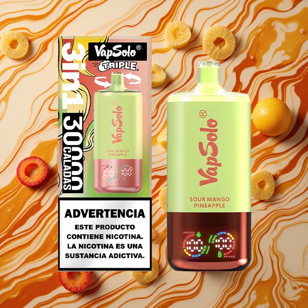 Skābā mango un ananāsu VapSolo Triple 30000 Puffs ierīču izmērs: 47 x 47 x 115mm, e-šķidruma daudzums: 40ml