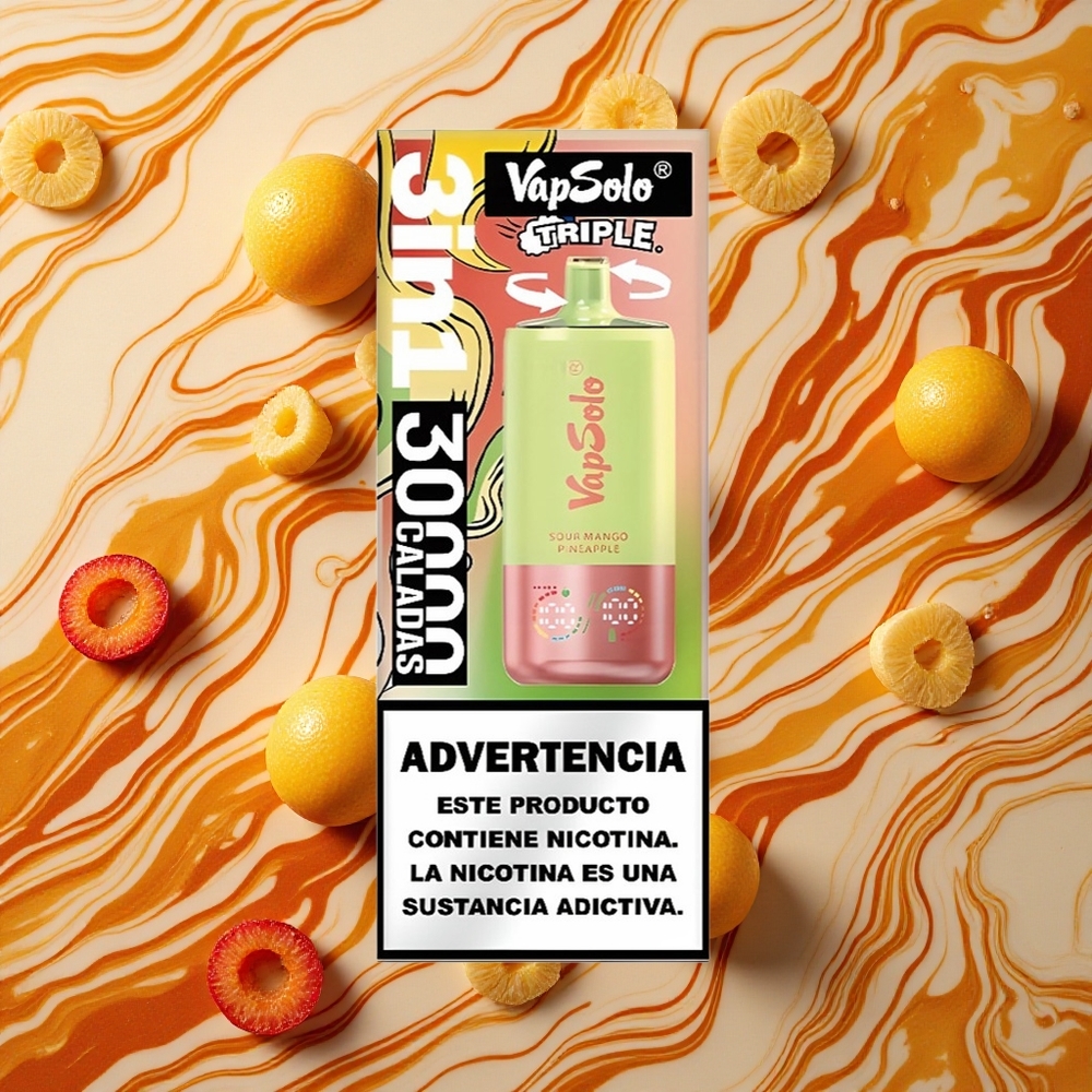 Skābā mango un ananāsu VapSolo Triple 30000 Puffs ierīču izmērs: 47 x 47 x 115mm, e-šķidruma daudzums: 40ml