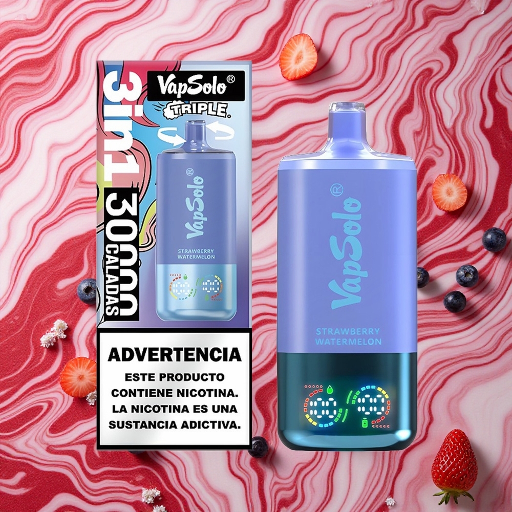 Zemeņu Arbūzs & Zilā Oga Ledus VapSolo Triple 30000 Ievilkumi Izmērījams Izkliedētājs ar 40ml e-šķidruma
