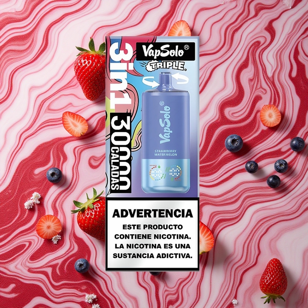 Zemeņu Arbūzs & Zilā Oga Ledus VapSolo Triple 30000 Ievilkumi Izmērījams Izkliedētājs ar 40ml e-šķidruma