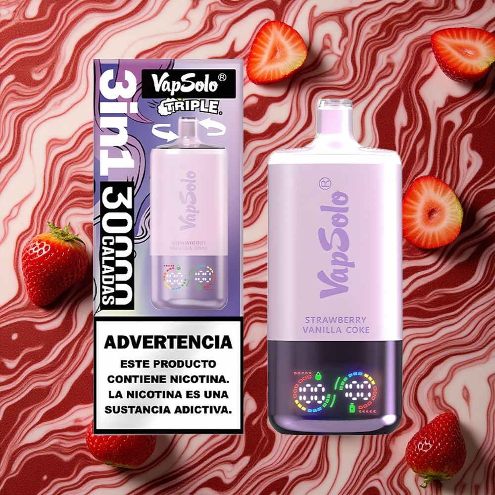 Zemeņu-Vaniljas Koka VapSolo Triple 30000 Puffs Izkārnījamais Veips 40ml e-šķidrums, Type-C uzlādes ports