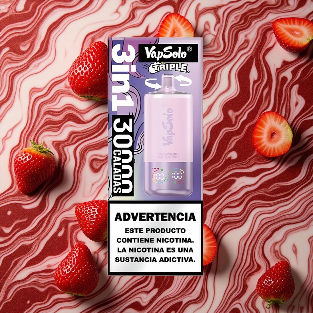 Zemeņu-Vaniljas Koka VapSolo Triple 30000 Puffs Izkārnījamais Veips 40ml e-šķidrums, Type-C uzlādes ports