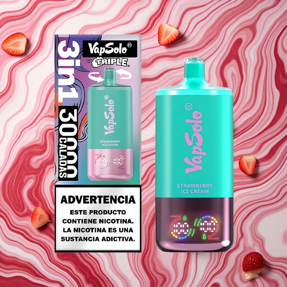 Zemeņu saldējums VapSolo Triple 30000 Puffs izmērījuma izmērs: 47 x 47 x 115mm, e - šķidrums: 40ml